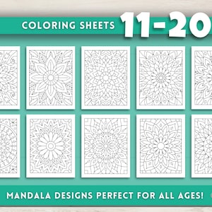May include: A set of ten black and white mandala coloring sheets, numbered 11-20. The sheets feature intricate floral and geometric designs. The top of the image reads "COLORING SHEETS" and the number "11-20". The bottom of the image reads "MANDALA DESIGNS PERFECT FOR ALL AGES!"