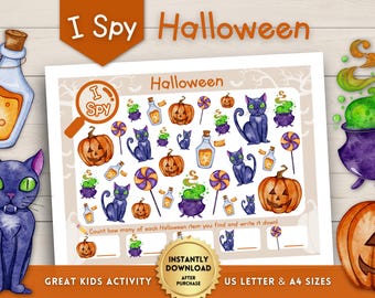 Halloween I Spy for Kids, Printable I Spy Activity Sheet, Seek and Find, Halloween Kid Activities, Pre-K Preschool Kindergarten Worksheets