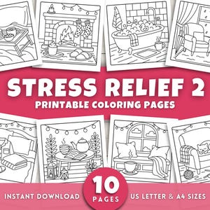 Stress Relief Coloring Pages for Adults & Kids, Simple Bold and Easy Anxiety Relief Coloring Book, Printable Activities, Calm Cozy, Digital