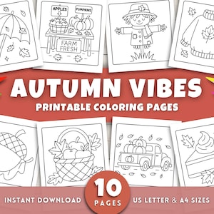 Autumn Vibes Coloring Pages for Kids, Fall Coloring Pages, Fall Coloring Book, Fall Coloring Sheets, Pumpkin, Printable Autumn Activities
