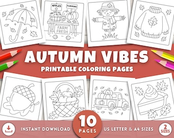 Autumn Vibes Coloring Pages for Kids, Fall Coloring Pages, Fall Coloring Book, Fall Coloring Sheets, Pumpkin, Printable Autumn Activities