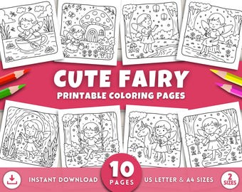 Cute Fairy Coloring Pages for Kids & Adults, Printable Fairy Garden Coloring Book, Whimsical Forest Fairy Coloring Sheets, Kids Fairy Party