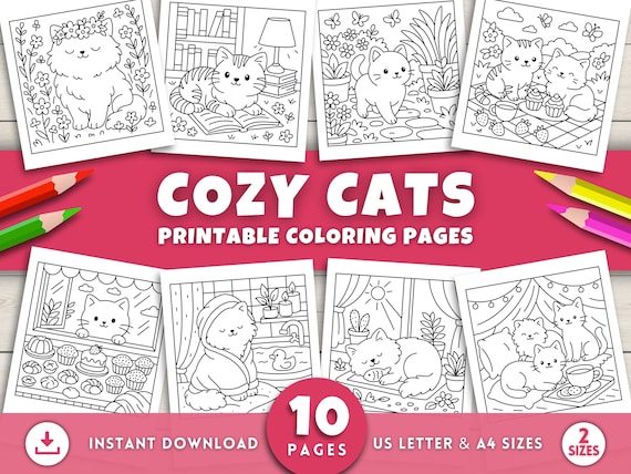 Cat Coloring Pages for Adults & Kids, Cat Coloring Book, Cute Cat Lover Printables, Relaxing Self Care Cat Mom Gifts, Printable Cat Art PDF