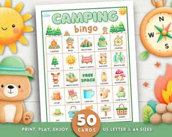 Camping Bingo Game, 50 Printable Camping Bingo Cards, Kids Camping Party Game, Cute Summer Camp Activity for Kids, Outdoor Game Nature Bingo