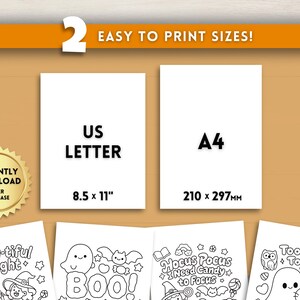 K&ouml;nnte beinhalten: Das Bild zeigt zwei Papierformate: US Letter (8,5 x 11 Zoll) und A4 (210 x 297 mm). Der Text "EASY TO PRINT SIZES!" steht oben. Darunter Halloween-Malvorlagen mit S&auml;tzen wie "Brew-tiful Night" und "Boo!"