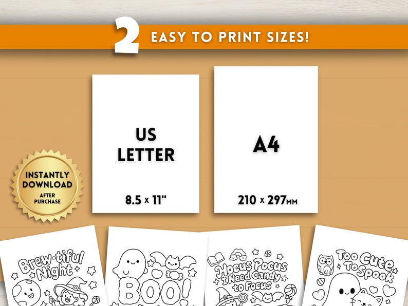 K&ouml;nnte beinhalten: Das Bild zeigt zwei Papierformate: US Letter (8,5 x 11 Zoll) und A4 (210 x 297 mm). Der Text "EASY TO PRINT SIZES!" steht oben. Darunter Halloween-Malvorlagen mit S&auml;tzen wie "Brew-tiful Night" und "Boo!"