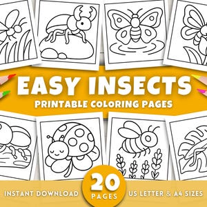 May include: A collection of printable coloring pages featuring various insects, including a dragonfly, beetle, butterfly, and bee. The title "EASY INSECTS" is displayed prominently. Includes 20 pages and is available in US Letter and A4 sizes.