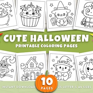 Op de afbeelding: Printbare Halloween kleurplaten met illustraties van een ketel, cupcake, kat, zombie, uil, spookhuis en pompoen. De tekst luidt "CUTE HALLOWEEN PRINTABLE COLORING PAGES". Bevat 10 pagina's en is beschikbaar in US Letter en A4 formaten.