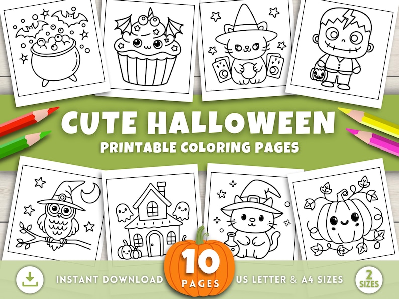 Op de afbeelding: Printbare Halloween kleurplaten met illustraties van een ketel, cupcake, kat, zombie, uil, spookhuis en pompoen. De tekst luidt "CUTE HALLOWEEN PRINTABLE COLORING PAGES". Bevat 10 pagina's en is beschikbaar in US Letter en A4 formaten.