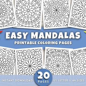 May include: A collection of printable coloring pages featuring intricate mandala designs. The image showcases several pages with various patterns, accompanied by colored pencils. Text reads "EASY MANDALAS PRINTABLE COLORING PAGES" with details about the number of pages and sizes.
