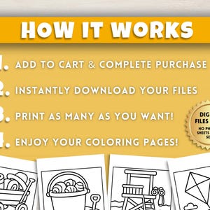 May include: A yellow graphic with white text that reads "HOW IT WORKS." Steps include adding to cart, downloading files, printing, and enjoying coloring pages. A gold seal states "Digital Files Only."