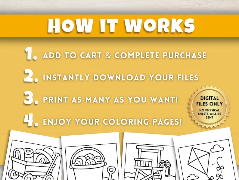 May include: A yellow graphic with white text that reads "HOW IT WORKS." Steps include adding to cart, downloading files, printing, and enjoying coloring pages. A gold seal states "Digital Files Only."