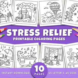 Stress Relief Coloring Pages for Adults & Kids, Bold and Easy Anxiety Relief Coloring Book, Simple Printable Activity, Calm Cozy, Digital
