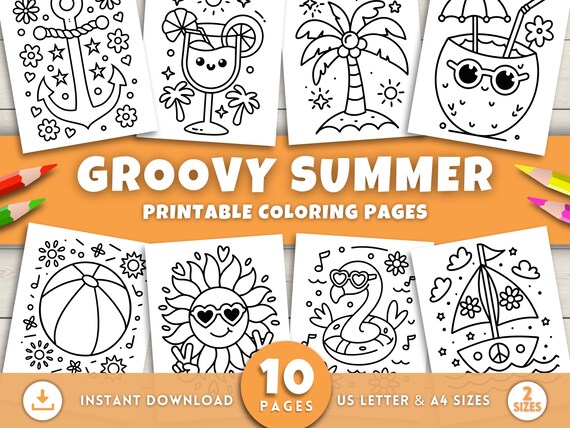 Easy Groovy Summer Coloring Pages for Kids, Toddlers Adults, Fun Summer Printable Activities, Bold and Easy Coloring Book, Digital Download