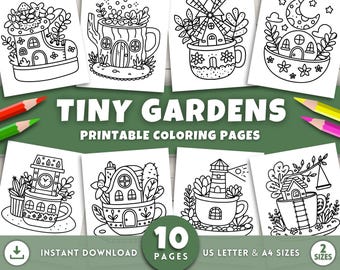Tiny Gardens Coloring Pages For Adults Kids, Bold and Easy Coloring Pages, Cozy Garden, Cute Mini Garden Corner, Easy Simple Coloring Pages