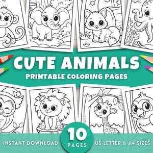 Cute Animals Coloring Pages for Kids, Toddlers & Preschool, Easy Printable Animal Art, Bold and Simple Coloring Sheets, Digital Download PDF