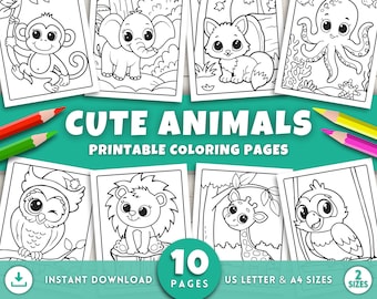 Cute Animals Coloring Pages for Kids, Toddlers & Preschool, Easy Printable Animal Art, Bold and Simple Coloring Sheets, Digital Download PDF