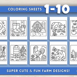 Puede incluir: Una colecci&oacute;n de diez hojas para colorear con ilustraciones tem&aacute;ticas de granja. Cada hoja presenta un dise&ntilde;o diferente, incluyendo un perro, un granero, una vaca y un gato. El texto en la parte superior dice "COLORING SHEETS 1-10" y el texto inferior dice "SUPER CUTE & FUN FARM DESIGNS!"