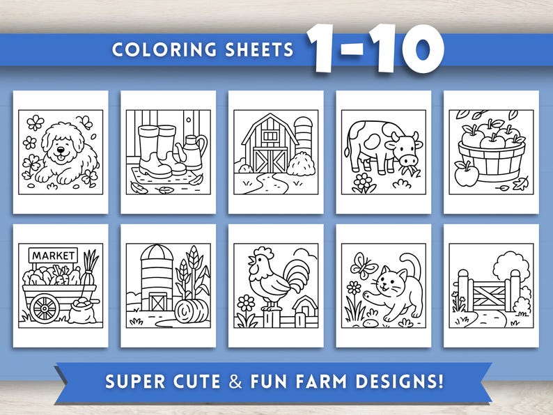 Puede incluir: Una colecci&oacute;n de diez hojas para colorear con ilustraciones tem&aacute;ticas de granja. Cada hoja presenta un dise&ntilde;o diferente, incluyendo un perro, un granero, una vaca y un gato. El texto en la parte superior dice "COLORING SHEETS 1-10" y el texto inferior dice "SUPER CUTE & FUN FARM DESIGNS!"