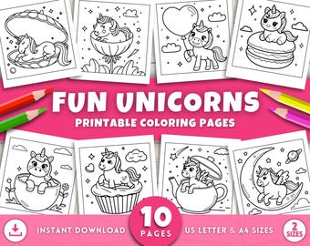 子供と大人向けのかわいいユニコーンのぬり絵、大胆で簡単なファンタジーの印刷可能なアクティビティページ、女の子向けのぬり絵、かわいいユニコーンの誕生日