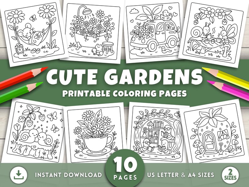 Pu&ograve; includere: Una raccolta di dieci pagine da colorare stampabili con simpatiche scene di giardini. Le pagine includono illustrazioni di animali, fiori ed elementi del giardino. Il testo "CUTE GARDENS" e "PRINTABLE COLORING PAGES" sono visualizzati. Include formati US Letter e A4.