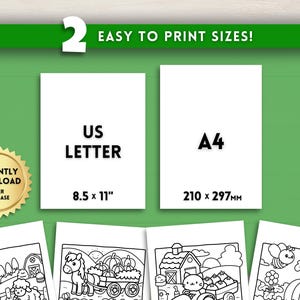 May include: Black and white printable coloring page featuring a farm scene with a tractor, pumpkins, a barn, and animals. The page is available in two sizes: US Letter (8.5 x 11 inches) and A4 (210 x 297 mm).
