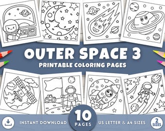 May include: A collection of ten printable coloring pages with outer space themes. The pages feature illustrations of astronauts, planets, rockets, and celestial bodies. The text "OUTER SPACE 3" and "PRINTABLE COLORING PAGES" are displayed on the image.