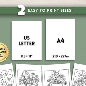 Pu&ograve; includere: Immagine che mostra arte stampabile con il testo "EASY TO PRINT SIZES!" e "US LETTER 8.5 x 11"" e "A4 210 x 297MM". Un sigillo dorato recita "INSTANTLY DOWNLOAD AFTER PURCHASE". L'immagine suggerisce pagine da colorare scaricabili.