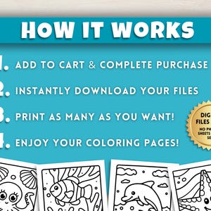 以下が含まれることがあります： 「HOW IT WORKS」と書かれた、水色の背景。手順には「カートに追加」、「ファイルをダウンロード」、「好きなだけ印刷」、「ぬりえを楽しんで！」が含まれます。海の生き物のぬりえページが下にあります。