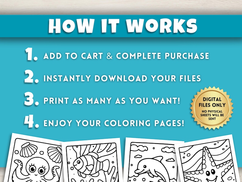 以下が含まれることがあります： 「HOW IT WORKS」と書かれた、水色の背景。手順には「カートに追加」、「ファイルをダウンロード」、「好きなだけ印刷」、「ぬりえを楽しんで！」が含まれます。海の生き物のぬりえページが下にあります。