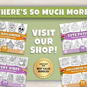 Op de afbeelding: Een promotieafbeelding voor afdrukbare Halloween kleurplaten. De afbeelding toont vier verschillende kleurboekcovers met Halloween-thema illustraties en de tekst "Easy Halloween", "Cute Potions", "Witchy Vibes" en "Halloween Quotes". De afbeelding bevat ook de tekst "Visit Our Shop!"