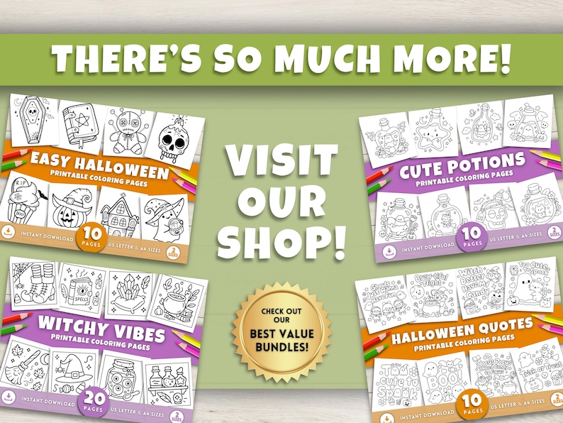 Op de afbeelding: Een promotieafbeelding voor afdrukbare Halloween kleurplaten. De afbeelding toont vier verschillende kleurboekcovers met Halloween-thema illustraties en de tekst "Easy Halloween", "Cute Potions", "Witchy Vibes" en "Halloween Quotes". De afbeelding bevat ook de tekst "Visit Our Shop!"