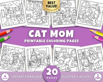 Katzenmama Malseite für Erwachsene & Kinder, Katzen Ausmalen, Ausmalseiten für Katzenliebhaber, Entspannendes Selbstfürsorgegeschenk für Katzenmütter, Haustier-Ausmalseiten
