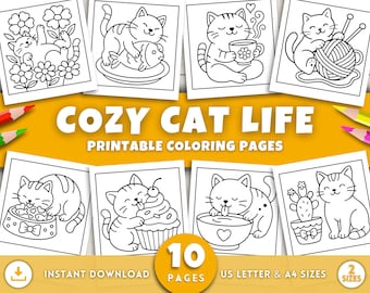 Cozy Cat Life Coloring Pages for Adults & Kids, Cat Coloring Book, Cute Cat Lover Printables, Relaxing Self Care Cat Mom Gifts, Pet Coloring