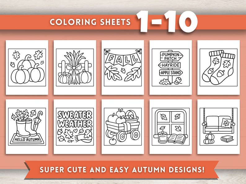 May include: A collection of ten black and white coloring sheets with autumn-themed designs. The sheets feature pumpkins, fall leaves, and seasonal phrases like "Hello Autumn" and "Sweater Weather". The text "Coloring Sheets 1-10" is at the top.