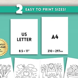 Puede incluir: Dos p&aacute;ginas para colorear imprimibles con opci&oacute;n de tama&ntilde;o US Letter o A4. Las p&aacute;ginas presentan dibujos en blanco y negro de una maceta con flores, una casita de p&aacute;jaros y una bolsa de mano con una flor.