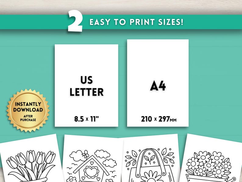 Puede incluir: Dos p&aacute;ginas para colorear imprimibles con opci&oacute;n de tama&ntilde;o US Letter o A4. Las p&aacute;ginas presentan dibujos en blanco y negro de una maceta con flores, una casita de p&aacute;jaros y una bolsa de mano con una flor.
