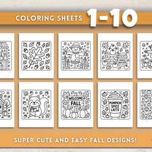 Puede incluir: Una colecci&oacute;n de diez hojas para colorear en blanco y negro con ilustraciones tem&aacute;ticas de oto&ntilde;o. Los dise&ntilde;os incluyen calabazas, espantap&aacute;jaros, hojas y un caf&eacute; con leche de especias de calabaza. El texto en la parte superior dice "COLORING SHEETS 1-10".