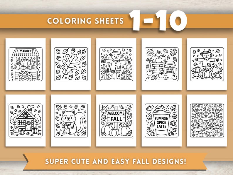 Puede incluir: Una colecci&oacute;n de diez hojas para colorear en blanco y negro con ilustraciones tem&aacute;ticas de oto&ntilde;o. Los dise&ntilde;os incluyen calabazas, espantap&aacute;jaros, hojas y un caf&eacute; con leche de especias de calabaza. El texto en la parte superior dice "COLORING SHEETS 1-10".