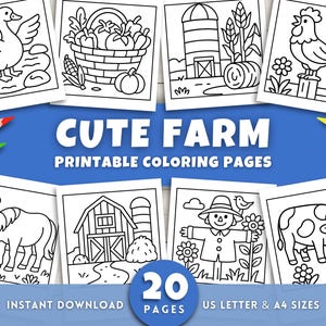 Dibujos para colorear de la granja para niños y adultos. Actividades fáciles de imprimir con animales de granja. Descarga digital en PDF.