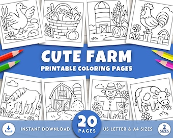 Páginas de colorir de fazenda fofas para crianças e adultos, atividade fácil com animais de fazenda para imprimir, atividades fofas com animais de fazenda, download digital em PDF