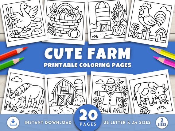 Cute Farm Coloring Pages For Kids & Adults, Printable Easy Country Farm Animals Activity, Cute Farm Animal Activities, Digital Download PDF