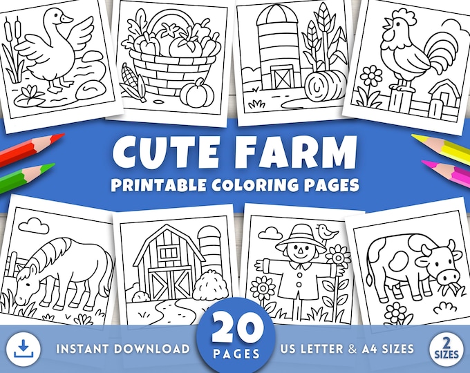30 Kawaii Farm Animals Coloring Pages for Kids & Adults, Cute Barnyard ...