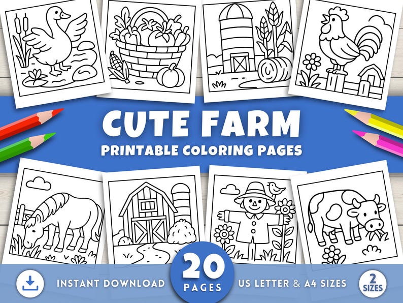 Puede incluir: Un conjunto de p&aacute;ginas para colorear imprimibles con ilustraciones de tem&aacute;tica de granja, que incluyen un pato, una cesta de productos, un gallo y una vaca. Las palabras "CUTE FARM" y "PRINTABLE COLORING PAGES" est&aacute;n a la vista. Incluye 20 p&aacute;ginas y dos tama&ntilde;os.