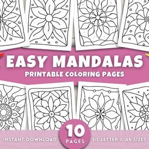 Może przedstawiać: Zestaw dziesięciu stron do kolorowania z łatwymi wzorami mandali. Obraz zawiera kredki i tekst "Easy Mandalas, Printable Coloring Pages". Dostępne w rozmiarach US Letter i A4.