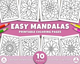 Easy Mandala Coloring Pages for Adults & Kids, Printable Simple Mandalas Coloring Sheets for Relaxation Mindfulness and Stress Relief Art