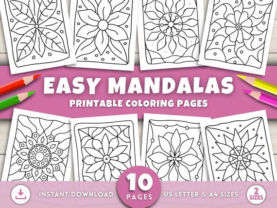 Easy Mandala Coloring Pages for Adults & Kids, Printable Simple Mandalas Coloring Sheets for Relaxation Mindfulness and Stress Relief Art