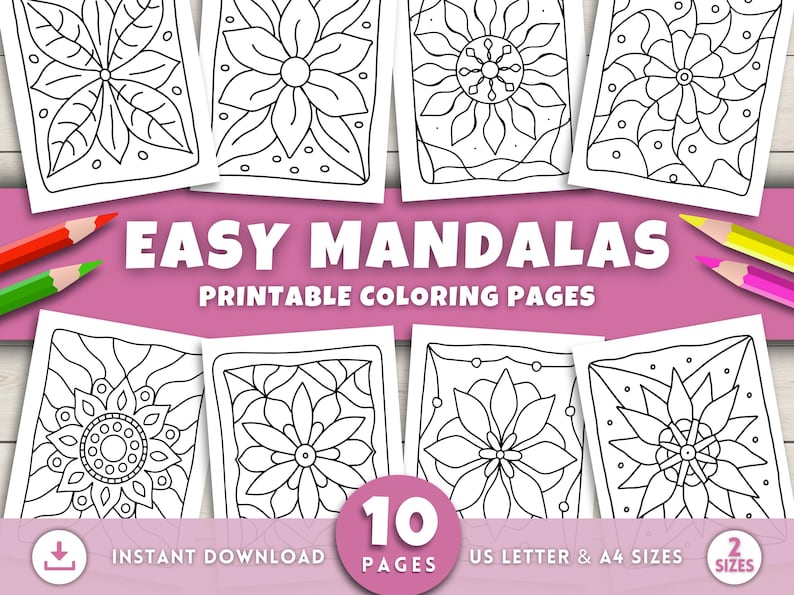 Może przedstawiać: Zestaw dziesięciu stron do kolorowania z łatwymi wzorami mandali. Obraz zawiera kredki i tekst "Easy Mandalas, Printable Coloring Pages". Dostępne w rozmiarach US Letter i A4.