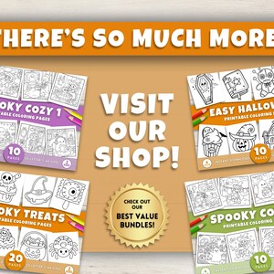 May include: An advertisement for printable Halloween coloring pages. The image features several coloring book covers with titles like "Spooky Cozy 1", "Easy Halloween", and "Spooky Treats". The text "Visit Our Shop!" is prominently displayed.