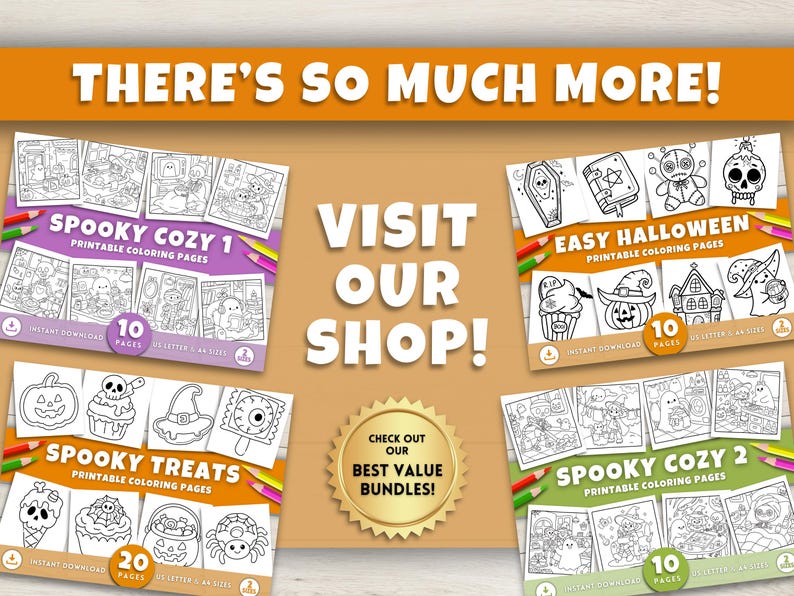 May include: An advertisement for printable Halloween coloring pages. The image features several coloring book covers with titles like "Spooky Cozy 1", "Easy Halloween", and "Spooky Treats". The text "Visit Our Shop!" is prominently displayed.